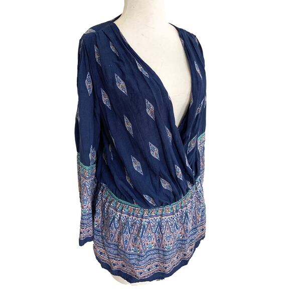 Black Note Surplice Blouse Top Blue Long Sleeve Deep V-Neck Geo Print Size M - Picture 2 of 4